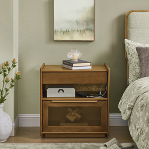 Mid Century Modern Nightstand With Charging Station 2 Drawers <b>Open</b> Shelf Glass Door Farmhouse End Table - Product Image 4