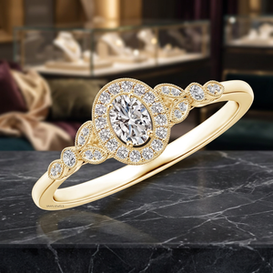 Anillo de Compromiso Vintage con Halo de Diamantes Cultivados en Laboratorio con Corte Ovalado Certificado por IGI, Diseño de Hoja en Oro de 10K, 14K, 18K, Plata 925, 935 - Product Image 1