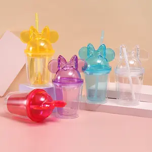 GXP-vasos de plástico transparente personalizados para niños, vasos acrílicos de doble pared de 12oz y 16oz, con orejas de ratón de dibujos animados, con tapas y pajita, venta al por mayor