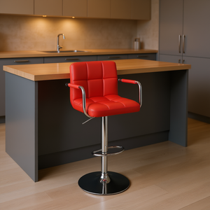 Tabouret de bar Db contemporain en similicuir rouge, avec structure en acier réglable et base chromée, mobilier de bar moderne pour la maison - Product Image 2