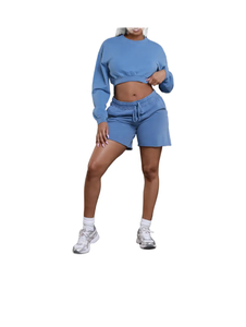 Nouveau design <span class=keywords><strong>Ensemble</strong></span> <span class=keywords><strong>Femme</strong></span> solide brodé complet sweat ras du cou <span class=keywords><strong>short</strong></span> de tennis jogging décontracté grande taille automne 2ps <span class=keywords><strong>sport</strong></span> - Product Image 2