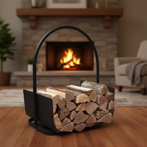 Porte-bûches rectangulaire portable en métal noir, rangement pour bois de chauffage, style moderne, finition thermolaquée - Product Image 2