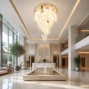 Lámpara de Techo de Cristal de Lujo, Redonda, Dorada, Grande, para Vestíbulo de Hotel, LED 2700K, Blanco Cálido, Regulable, E27, con Interruptor - Product Image 1