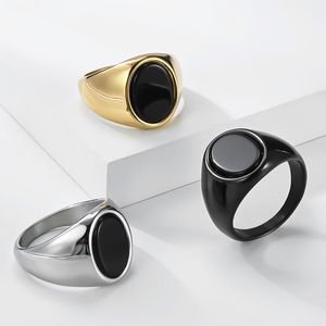 Men's Oval <b>Titanium</b> Steel <b>Ring</b> Geometric Design Black Stone Minimalist Style Jewelry Gift - Product Image 1