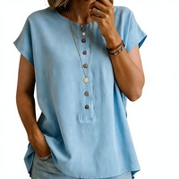 T-shirt à manches courtes pour femme, couleur unie, avec boutons décoratifs, style formel, logo personnalisé, printemps/été