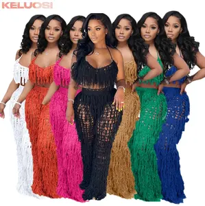 Set di frange in maglia tinta unita <span class=keywords><strong>abbigliamento</strong></span> da donna 2024 vacanze estive <span class=keywords><strong>abbigliamento</strong></span> da spiaggia da donna pantaloni Sexy in maglia con nappe 2 pezzi - Product Image 1