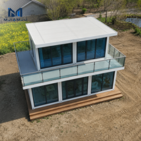 Conteneur pliable MJAMJU, maison préfabriquée modulaire à 2 étages en verre avec balcon et escalier pour usage hôtelier