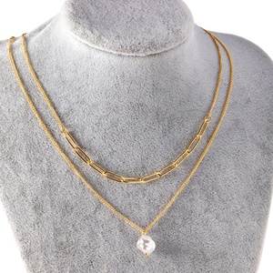 Collar de Cadena Doble con Perlas Naturales y Colgante de Oro de 18k, Joyería de Acero Inoxidable con Personalidad para Chicas - Product Image 4