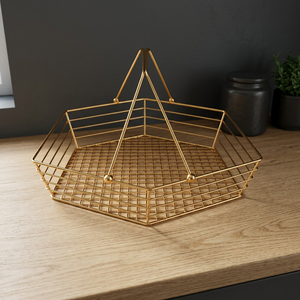 <b>Gold</b> Wire <b>Storage</b> <b>Basket</b> Polygon Shape Minimalist Design With Handles Standing Type Metal Mesh Organizer Multi-Purpose - Product Image 1