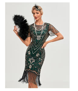 <span class=keywords><strong>Robe</strong></span> BabeYond Roaring 20s Vintage Art Déco, style années 1920, style flapper, <span class=keywords><strong>longue</strong></span> frange, paillettes, perles, taille empire, fête, décorée de plumes - Product Image 6
