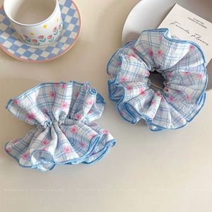 Chouchou en coton à motif cœurs bleus à carreaux, 15 cm, pour femme, style décontracté, accessoire élastique pour cheveux - Product Image 4