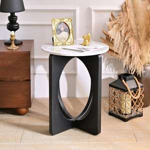 INNOVA Home Accent Luxury Classic Round White Marble Top <b>Black</b> <b>Wooden</b> Leg Coffee <b>Side</b> <b>Table</b> European Modern Design Living Room - Product Image 1