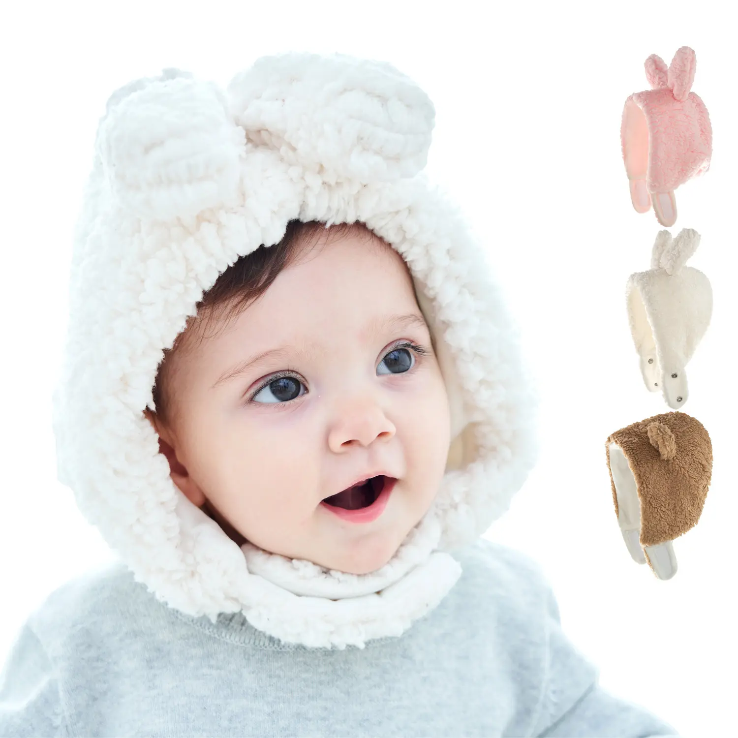 Ivy80069D New wholesale baby cute warm beanie infant solid plush head bonnet toddlers winter cartoon bear rabbit hats with ear