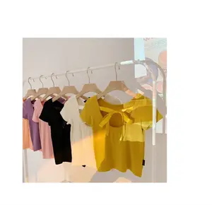 बच्चों शर्ट लघु फसल में सबसे ऊपर के साथ ठोस रंग ब्लाउज शर्ट बच्चों के लिए कपास गर्मियों ब्लाउज टी शर्ट बच्चों फ्लाई बांह की शर्ट