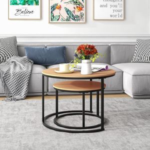 Wood Round Coffee <b>Table</b> Set Minimalist Modern Living Room <b>Small</b> Home Design Black Metal Frame Light Luxury Style - Product Image 4