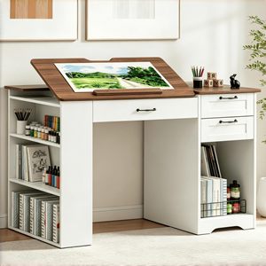 Mesa de Dibujo Ajustable SENYU con Gabinete de Almacenamiento, Cajones y 3 Estantes Abiertos, Escritorio Blanco para Arte, Manualidades y Pintura para Oficina en Casa - Product Image 1