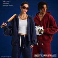 Ensemble de survêtement pour homme 370 GSM en coton et polyester teint à la cire, comprenant un sweat à capuche entièrement zippé et un pantalon avec doublure polaire, pour le streetwear rétro, vente en gros
