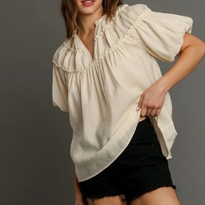 Wholesale New French Ladies <b>Tops</b> and Blouses Women With Puffed Sleeves Advanced Sense V Neck Loose Short Sleeved <b>Tops</b> for Women - Product Image 1
