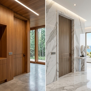 La puerta interior de HPL con ranuras asimétricas, con un elegante acabado en veta de madera gris claro, combina diseño moderno. - Product Image 2