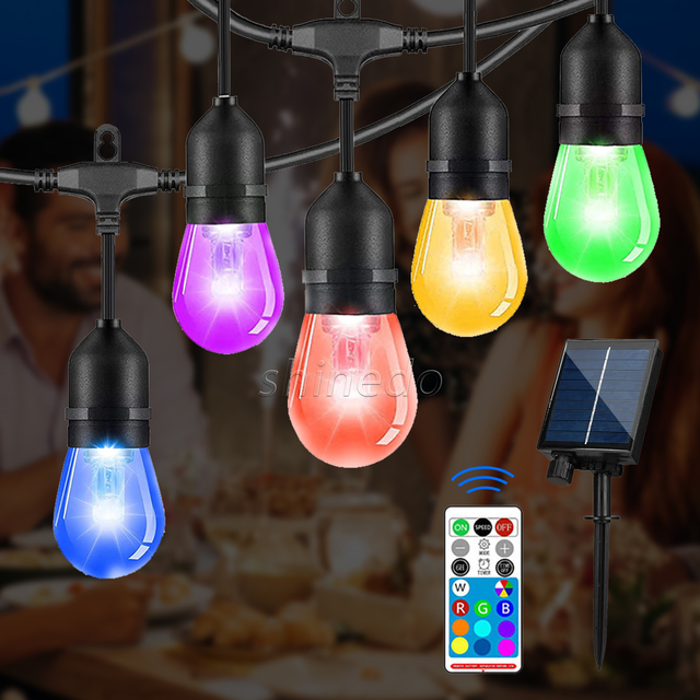 Solar Outdoor RGB String Lights , Dimmable Patio String Lights with Shatterproof Edison Bulbs Holiday Light