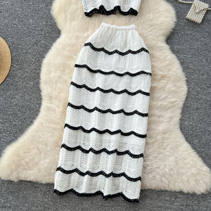 ชุดเสื้อถักโครเชต์ 2 ชิ้นสำหรับผู้หญิง ชุดลำลองสำหรับฤดูใบไม้ผลิ ชุดถักลายทางแบบไม่มีแขนสำหรับวันหยุด - Product Image 5