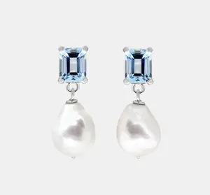 Rectangle Topaz Blue Cubic Zircon Drop White Baroque Pearls 925 Sterling Silver Earrings For Girls Jewelry