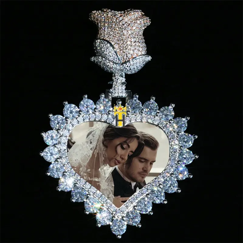 Miglior produttore di gioielli personalizzato 925 sterling silver VVS moissanite diamond flower bail heart photo pendant