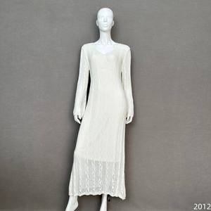 Vestido de Novia de Lujo para Boda en la Playa Maxi Vestido Blanco de Punto Crochet para Mujer Elegante Traje de Manga Larga y Cuello en V para Vacaciones en Resort - Product Image 1
