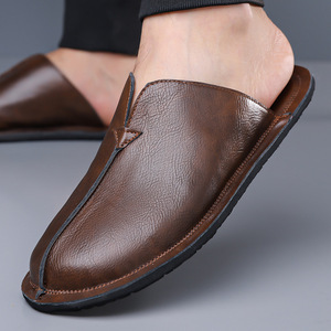 Pantoufles en cuir véritable pour hommes, semelle plate en caoutchouc, confortables, décontractées, pour la maison, taille 38 à 48, marron - Product Image 3