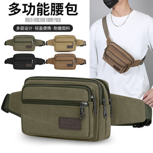 Multi Function Fanny Pack Canvas Men's Waist Bag Outdoor Sport Large Capacity Chest Bag Solid Color Army Green Brown Khaki Black - Product Image 2