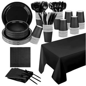 Disposable Party Supplies Kit <b>Black</b> Tableware Set With <b>Plates</b> Cups Napkins Cutlery For Party Events - Product Image 1