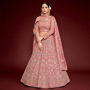 Lehenga Choli de Seda Bordada en Rosa con Dupatta de Tela, Traje Tradicional Indio para Bodas, Diwali y Fiestas, Talla XL para Mujer - Product Image 1