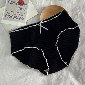 Ropa interior juvenil estilo japonés de cintura baja, de punto acanalado, con lazo y volantes, de algodón transpirable, color liso, tipo boyshort, en stock. - Product Image 4