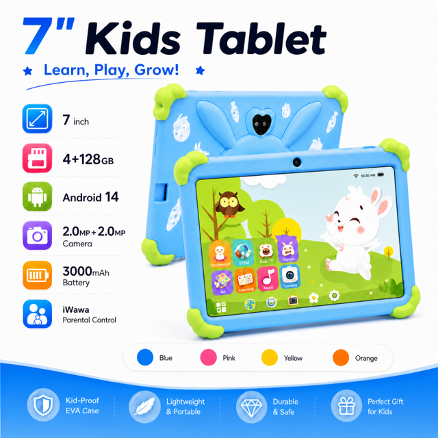 Wholesale 7 Inch Children Tablet PC Android 14.0 GMS 4GB 128GB Kids Learning Tablet with Protective Case Educational Gift