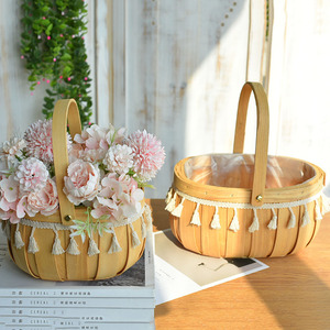 Cestas decorativas para flores, macetas tejidas, cestas para arreglos florales, cestas creativas de paja tejida a mano con trozos de madera. - Product Image 2