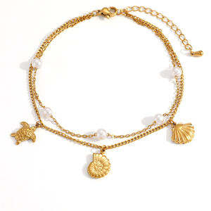 Tobillera de Acero Inoxidable Chapada en Oro con Cadena de Perlas de Doble Capa y Dije de Concha de Tortuga, Adorno para el Pie de Mujer - Product Image 5