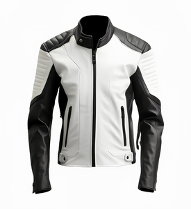 Chaqueta de Motociclista de Cuero Blanca y Negra para Hombre, Cuello Alto, Cierre de Cremallera, Estilo Motero, Resistente al Viento, Manga Regular - Product Image 1