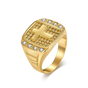 Hot Selling 18K Gold Plated Fashion Jewelry Religious <b>Crystal</b> Rhinestone Studded Stainless Steel Cross <b>Ring</b> for Men Wedding Gift - Product Image 2