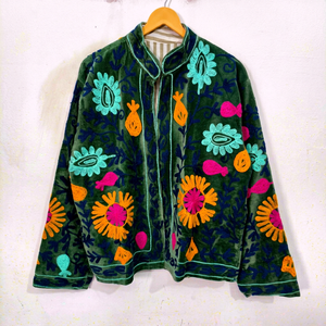 Handmade Prairie Chic Style Embroidered Floral Mandarin Collar <b>Velvet</b> <b>Jacket</b> Full Sleeve Autumn Women's Coat - Product Image 1