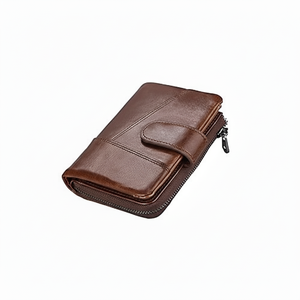 Cartera Unisex Color café cuero genuino hombres RFID bloqueo seguridad tarjetero cadena decorada dinero Clip bolsillo monedero - Product Image 1