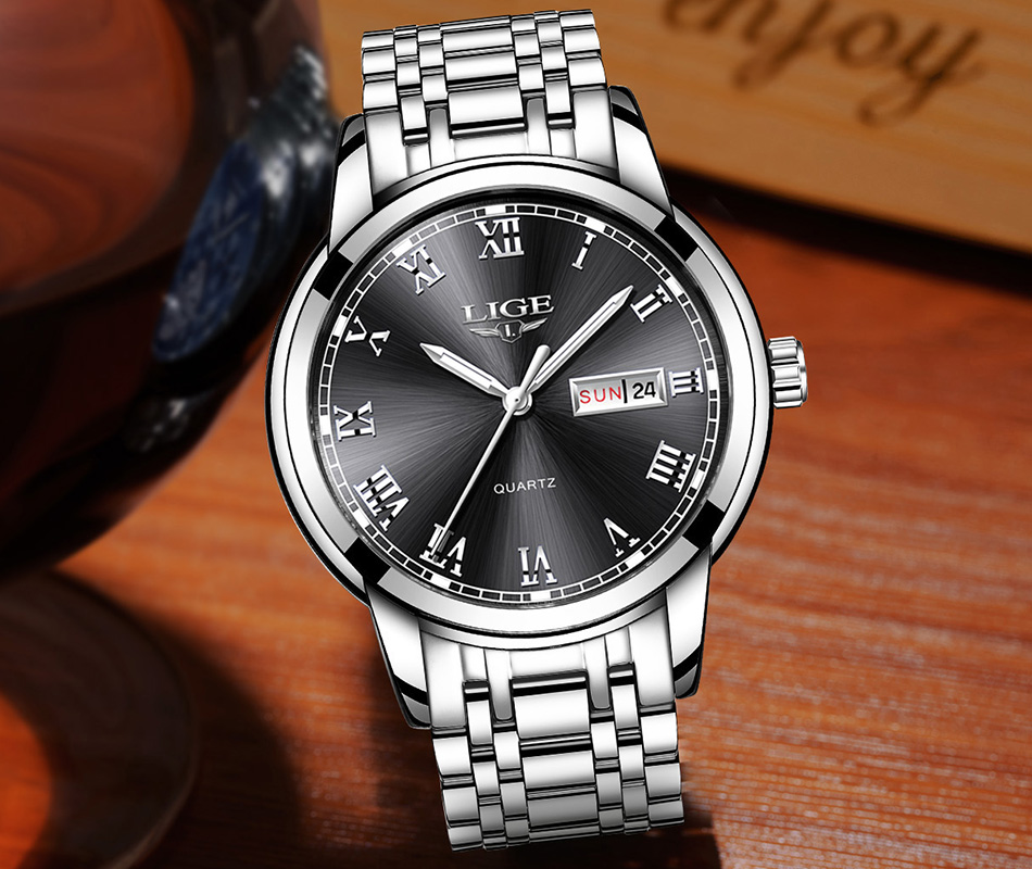 LIGE — montre-bracelet de luxe en acier inoxydable pour homme, étanche, en acier inoxydable, à Quartz, avec Date et heure, horloge