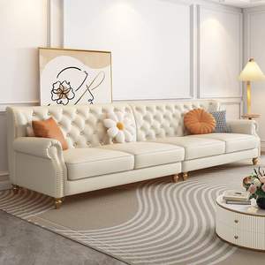 Juego de Sofás de Cuero Genuino de Estilo Americano, de Lujo Ligero, Diseño Recto, Tres Plazas, Color Crema, para Apartamentos Pequeños, Esponja Blanca - Product Image 1