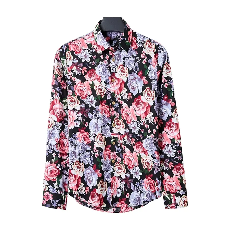 Camisa de manga comprida masculina, camisa estampada floral com gola turn-down e de flor, roupa masculina casual