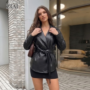ZIAI Blazer Casual da Donna in PU <span class=keywords><strong>Nero</strong></span> Impermeabile e Antivento, in Fibra di Poliestere Tinta Unita, Autunno Inverno, <span class=keywords><strong>Oversize</strong></span> con Cintura in Vita e Cerniera - Product Image 3