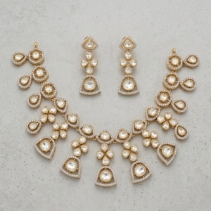 Traditional Kundan 925 <b>Silver</b> Necklace Gold Bridal Jewelry with Earrings Pear Cut Bezel Setting Womens Wedding Jewelry - Product Image 5