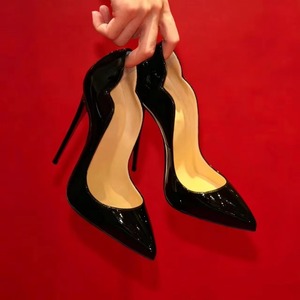 12cm Luxury Scalloped Edge <b>Red</b> Anti-Slip Rubber Sole Lightweight Patent Leather Pointed Toe Korean Style Summer Stiletto <b>Heels</b> - Product Image 2
