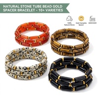Bracelet extensible en perles tubulaires de pierres précieuses naturelles, avec disque d'hématite dorée, cornaline rouge, œil de tigre, jaspe dalmatien et obsidienne