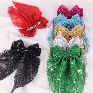 Glitter Sequins Fabric <b>Bow</b> Spring Hair <b>Clip</b> Long Tail Mesh Ribbon Barrette For Xmas Festival Evening Party Hair Decor - Product Image 3
