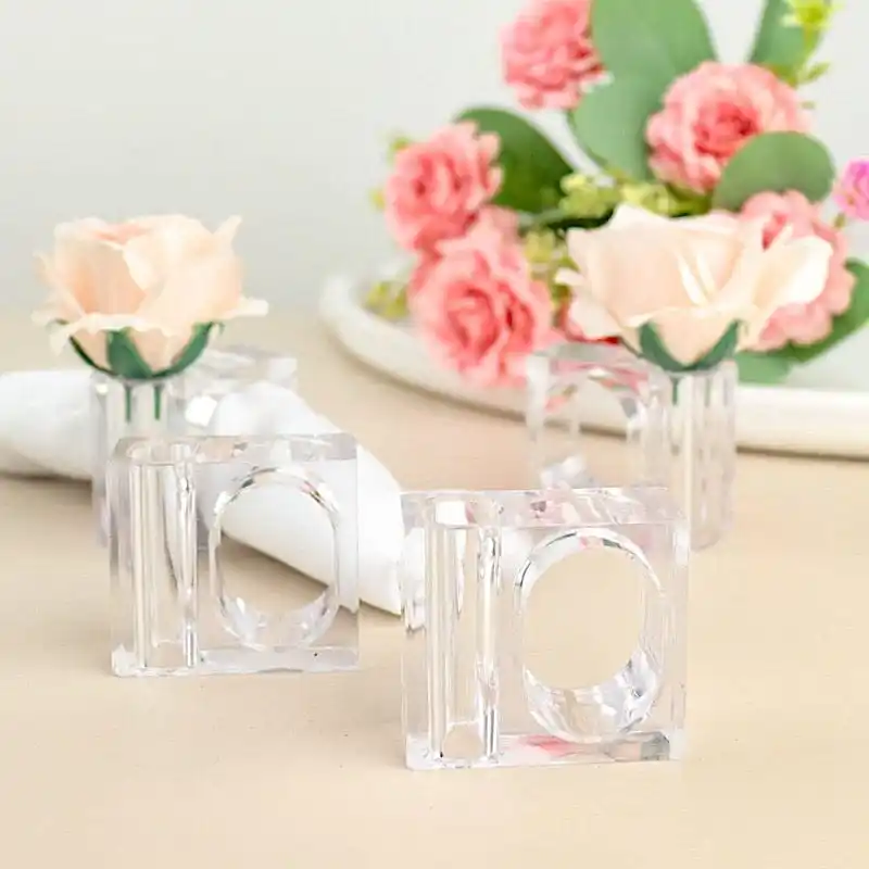 Hochzeit Knospe Vase Servietten ringe Klar Acryl Serviette Schnalle Tisch Einstellung Lucite Quadrat Servietten ring Für Blumen Leinen Papier