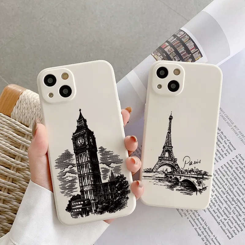 For iPhone 14 13 iPhone Case Eiffel Tower Big Ben Colored iphone Protective Case